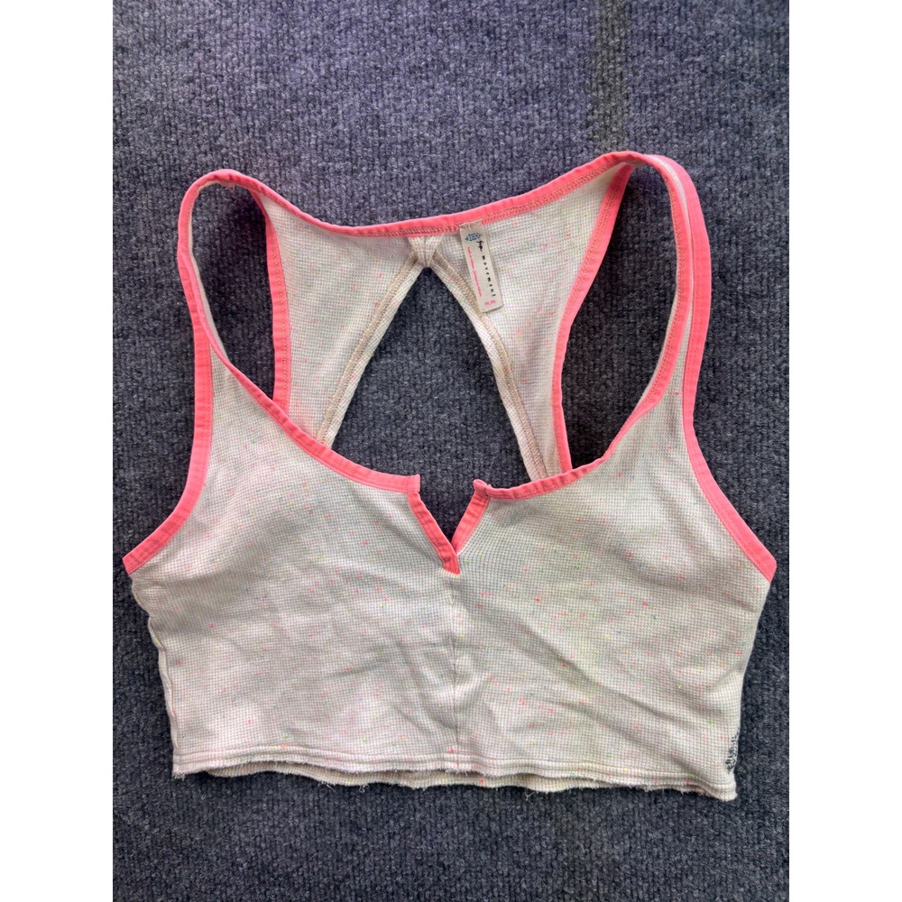 FP Movement Tank Top Womens Medium White Pink Confetti Waffle Knit Crop Notched